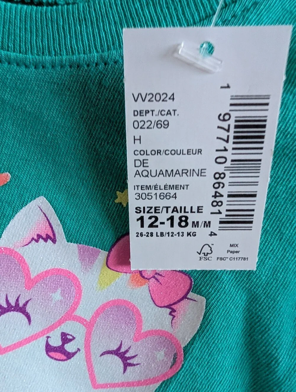 The Children's Place Girls Teal Rainbow Cat Graphic Tee 12-18 Months NWT
